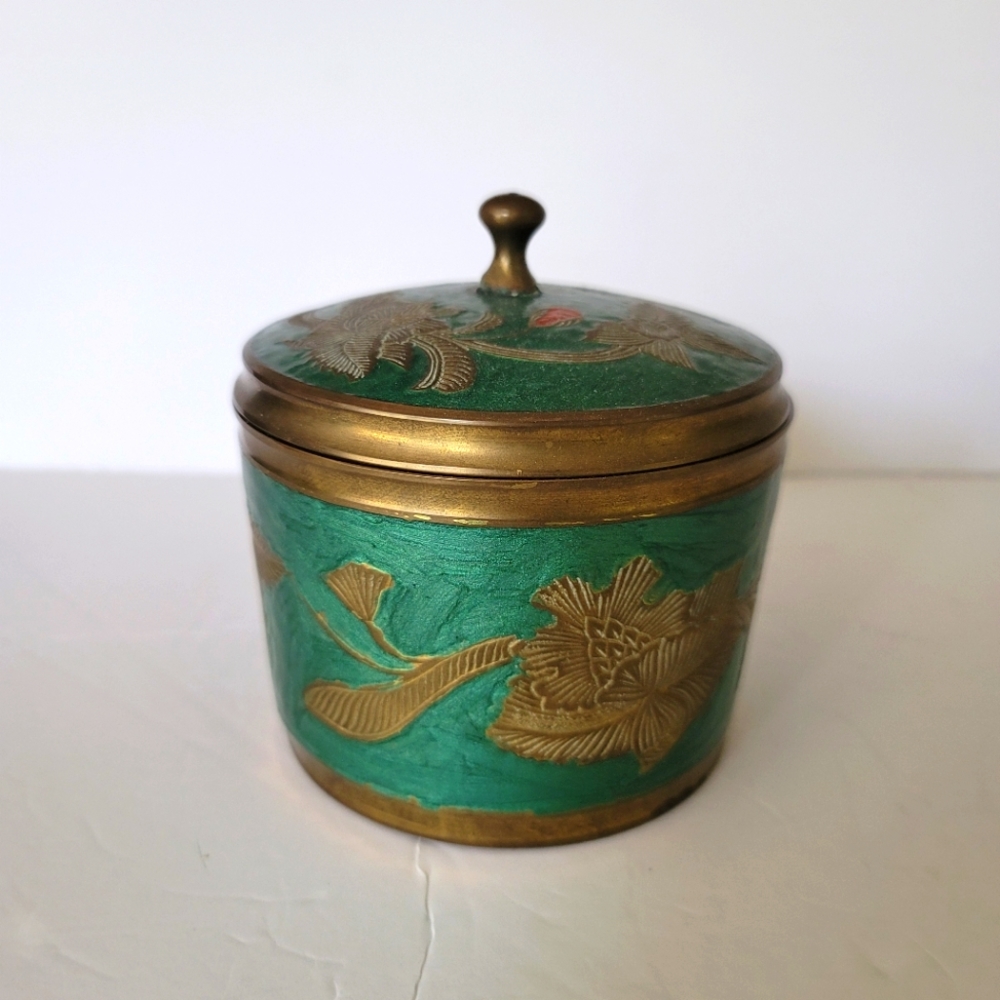 Brass cloisonne lidded cannister green red floral enamel hand painted